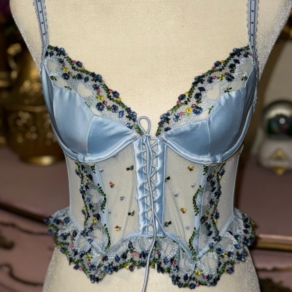 NWT VS For Love & Lemons Midsummer Heart Embroidered Lace Set Light Blue Sz M